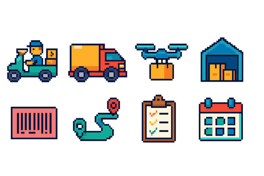 Fototapeta Delivery processes flat icon set. Logistics, transport, and shipping icons collection
