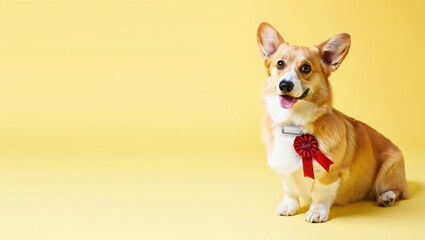 Joyful Pembroke Welsh Corgi Celebrates Achievement With Red Ribbon On Bright Yellow Background