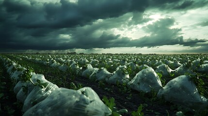 A field of plastic-wrapped crops under a darkening sky, showcasing the impact of unsustainable farming practices