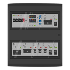 Home electrical panel with energy meter and circuit breakers. Vector fusebox on transparent background