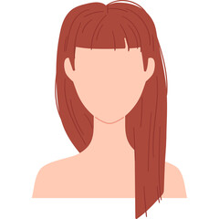 Portrait of a stylized woman with long brown hair and bangs against a clean white background with a transparent background showing only the upper body and shoulders.
