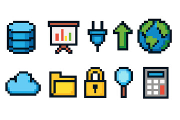 Technology and business pixel icon set. Computers, data 8-bit icons collection.