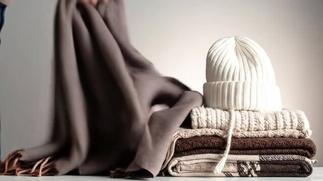 Cozy Winter Clothing Stack: Knitted Hat, Scarves, and Blankets for Cold Weather Comfort