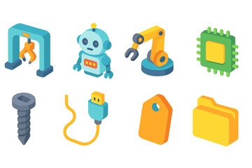 Robotics and technology 3d icon set. Automation, ai, hardware icons collection.