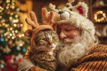 Santa Claus gently hugs a fluffy cat wearing a cute reindeer hat, surrounded by warm Christmas lights and festive decorations 