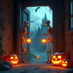 Two skeletons hold pumpkin lanterns in a doorway. Halloween pumpkins dot the yard with a haunted castle in the background.