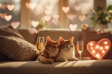 wo cats lovingly resting side by side on a cozy couch, with glasses of champagne nearby, a glowing heart-shaped light in the background, and heart-shaped bokeh in the air, creating a warm, romantic at