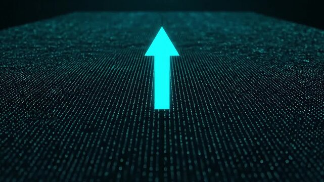 Bright blue arrow illuminates digital matrix, symbolizing progress and data flow