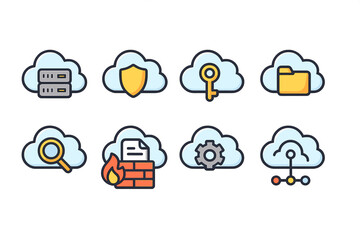 Cloud security icon set. Data protection and network safety icons filled style
