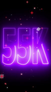 Glowing red neon 55k text against concept. futuristic milestone neon number design for subscribers celebration, on background animation..
