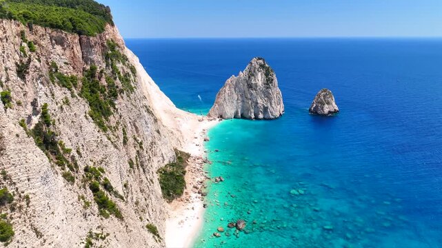 Aerial drone cinematic video from scenic viewpoint to small iconic islets of Mizithres a true paradise tourist place visited by yachts and sail boats in island of Zakinthos, Ionian Sea, Greece