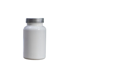 White medical bottle with a silver cap on a transparent background, providing copy space
