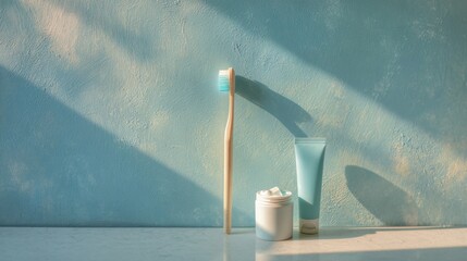Natural bathroom essentials with toothbrush and toothpaste on sunlit blue background,National Brush Day