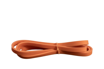Orange resistance band for strength building, rehabilitation, and home workouts, on transparent background