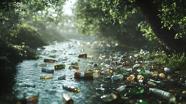 A river filled with floating plastic bottles and waste, illustrating the issue of water pollution