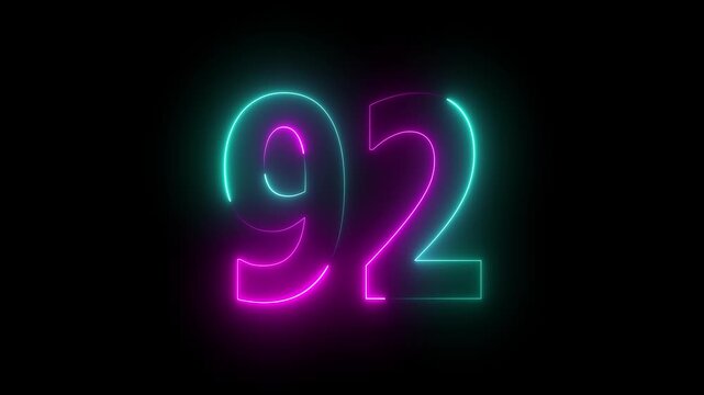 Glowing neon number 92 text on a black background, Futuristic Digital Design, Education and Advertising, Counting concept alpha channel...