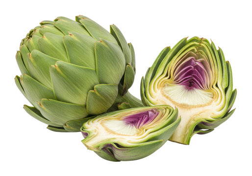 Isolated Artichokes, Whole and Cut in Half, Delicious Vegetables, Healthy Cooking Recipe