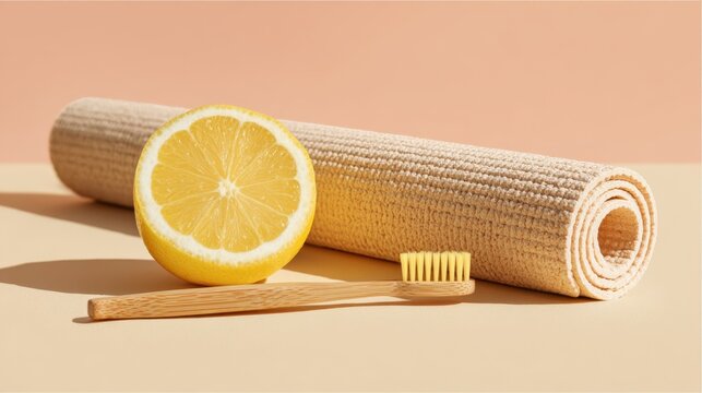 Natural wellness concept with lemon, eco-friendly toothbrush, and yoga mat for a healthy lifestyle,National Brush Day