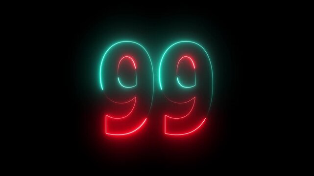 Glowing neon number 99 text on a black background, Futuristic Digital Design, Education and Advertising, Counting concept alpha channel...
