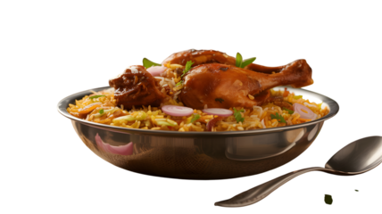 Delicious chicken biryani served in a silver bowl with a spoon on transparent background