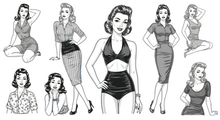 Confident retro women in stylish outfits showcase vintage elegance and glamour