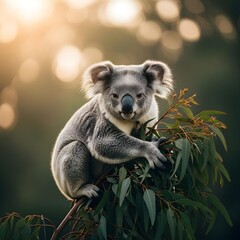 Fototapeta premium Majestic Koala Resting Atop Vibrant Eucalyptus Branches Amid Sunrise Glow: Where Modern Minimalism Intersects With Natural Serenity, Perfect for Upscale Stock Imagery