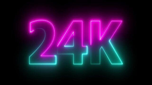 Glowing red neon 24k text against concept. futuristic milestone neon number design for subscribers celebration, on background animation..