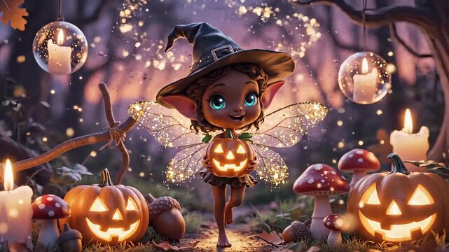Cute Halloween fairy with pumpkin lantern whimsical illustration for holiday design set in a magical forest