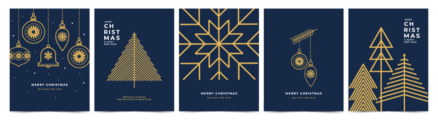 Fototapeta premium Merry Christmas and Happy New Year Luxury greeting cards in modern minimal geometric style with gold holiday line icons. Trendy Xmas design template for banner, poster, invitation