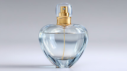 An elegant heart-shaped perfume bottle, filled with a clear liquid, embodies luxury and sophistication. The golden accents around the sprayer and cap enhance its delicate beauty