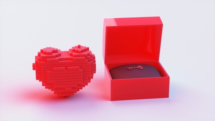 Voxel heart and metallic key in red open box on surface