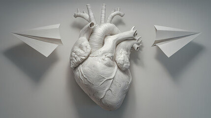 A creative image of a human heart with two paper airplanes