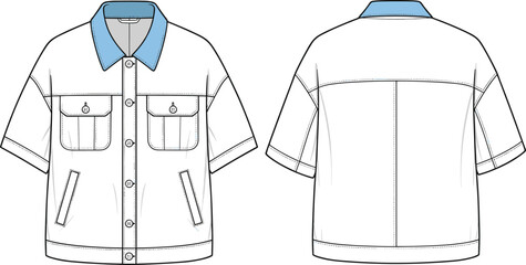 Short sleeve denim jacket technical flat, vector fashion illustration, casual outerwear front and back view, stylish apparel design, garment template sketch