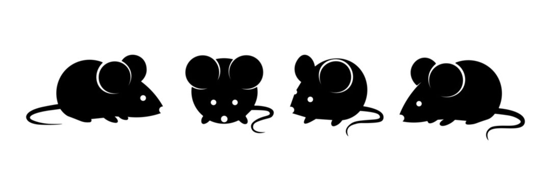 Set of cute mouse silhouettes in various poses. Black rat and mouse vector illustration for pet design, pest control, Chinese zodiac, or minimal animal logo concept.