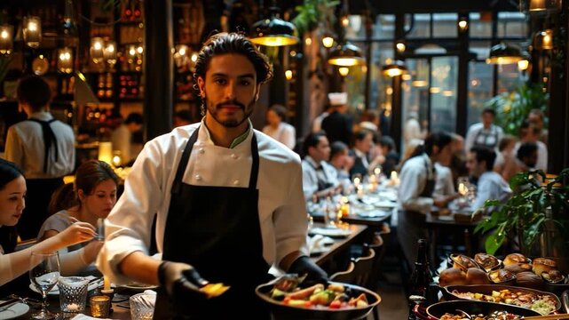 Guests enjoy a bustling dining experience in a stylish restaurant. Waitstaff serve a variety of dishes while diners engage in lively conversation amidst ambient lighting