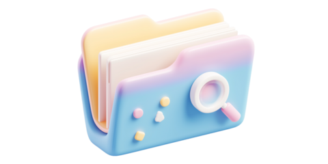 3D isometric render of pastel colored folder with documents and magnifying glass, floating in air. folder is viewed from angled perspective, creating playful and modern look