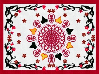 Colorful mandala floral design with butterflies and vines on a textured white background, ideal for fabric, home decor, and digital artwork.