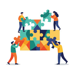 Four people assembling large colorful puzzle pieces on a white background with teamwork and collaboration mood.