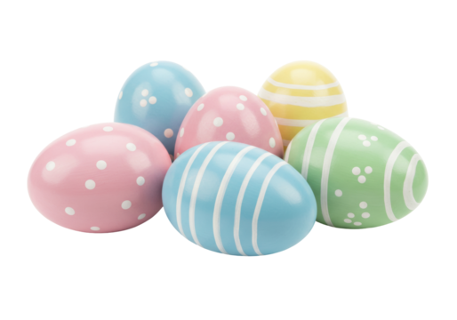 Isolated group of colorful Easter eggs with pastel designs in spring colors close-up