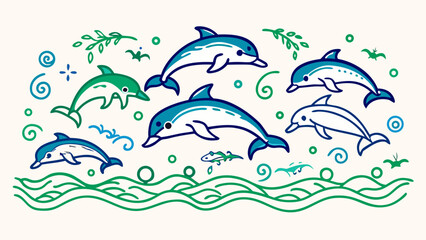 Group of Blue and Green Dolphins Jumping - Ocean Mammals with Seaweed and Bubbles Underwater Illustration
