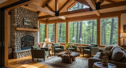 Fototapeta premium Elegant Rustic Living Room with Stone Fireplace, Vaulted Wood Ceiling, and Expansive Windows Overlooking a Lush Forest
