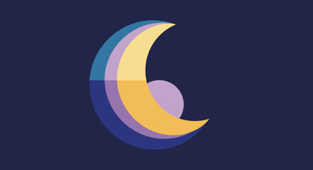 Abstract crescent moon and circle design with colorful layers.