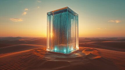 Núcleo de datos cristalino emergiendo del desierto