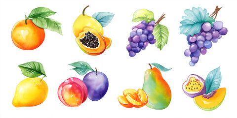 Colorful watercolor illustrations of various fruits including orange papaya grapes lemon plum pear and passion fruit showcasing vibrant and fresh designs
