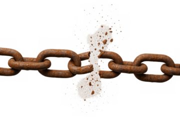 Rusty chain breaking apart, symbolizing freedom breaking free from slavery and weakness, isolated on transparent background