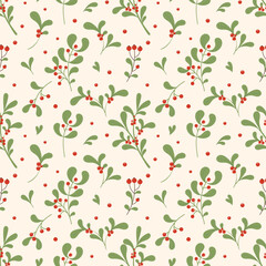 Christmas seamless pattern with mistletoe branches and red berries. Elegant holiday botanical design for wrapping paper, fabric, wallpaper, textile background.