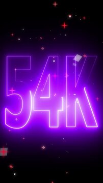Glowing neon 54k Ultra HD icon 4k Followers Celebration. future concept congratulations for 5k subscription. 54k Follower neon Text Animation on background...