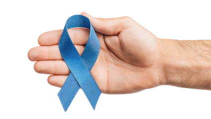 Hand Holding Light Blue Awareness Ribbon on White