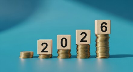 Increasing stack of coins with numbers 2026 forming a growth chart concept