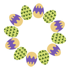 Colorful decorative Easter eggs arranged in a circle on a plain background for festive celebration